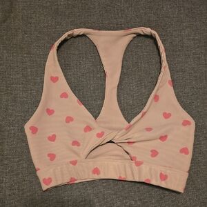 Beach Riot Twist Top In Taupe Pink Heart Sports Bra